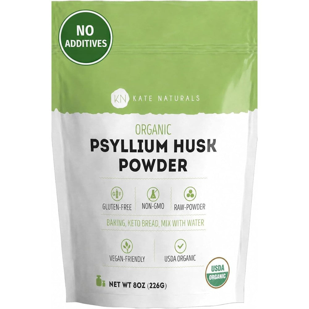 Kate Naturals Organic Psyllium Husk Powder for Baking, Shakes, Fiber, 8oz