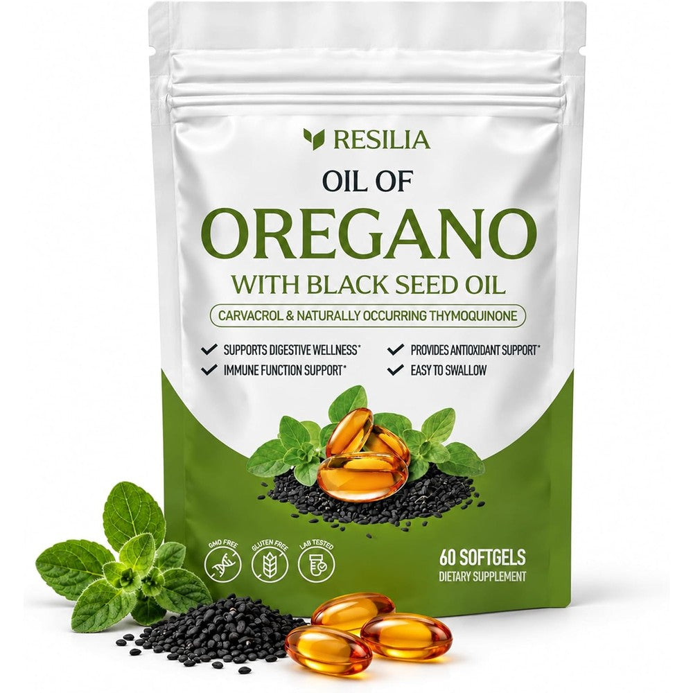 Resilia Softgels with Black Seed Oil - Premium Grade Oregano Oil Capsules for Immune & Digestive Support - Gluten-Free Softgels - Natural Herbal Wellness Supplement (60 Count)