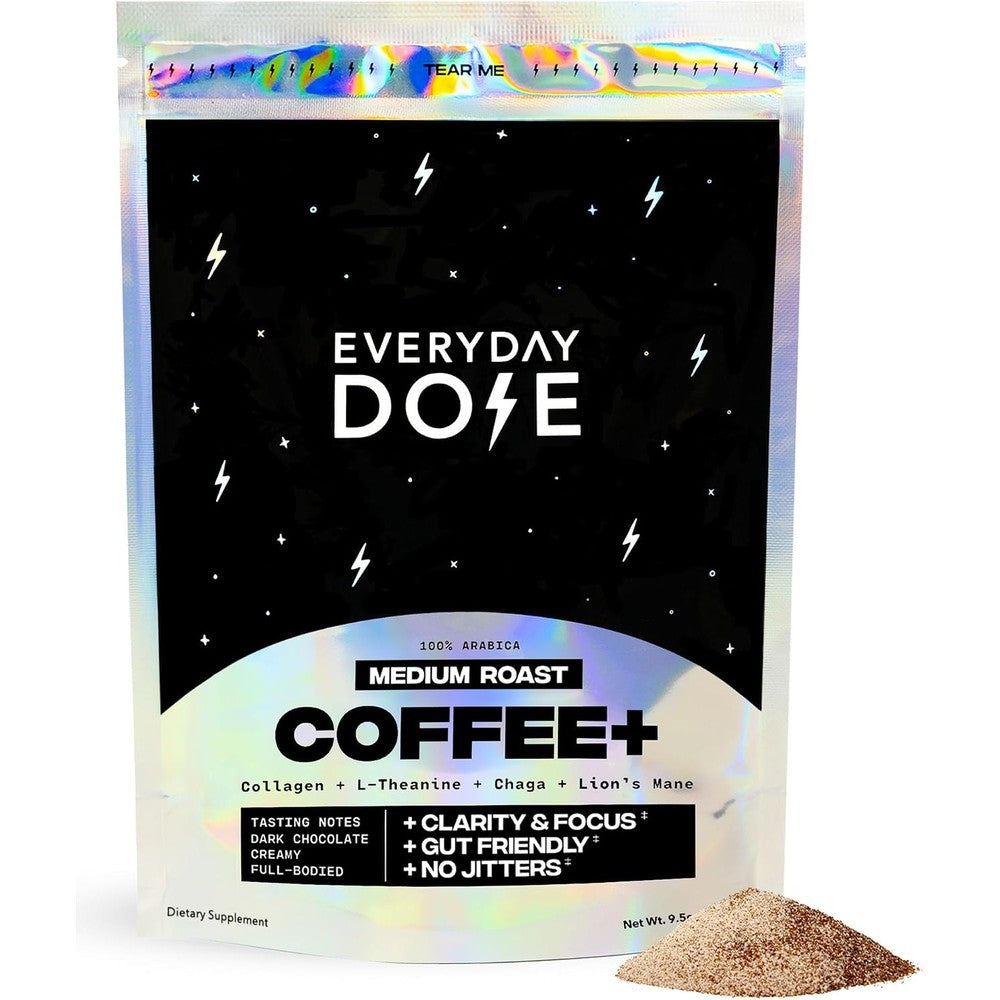 Everyday Dose Bold Medium Roast Mushroom Coffee 90mg Caffeine per serving with Grass-Fed Collagen, Chaga, Lions Mane & L-Theanine for Better Focus, Energy, Digestion, Skin, and Immunity 30 Servings