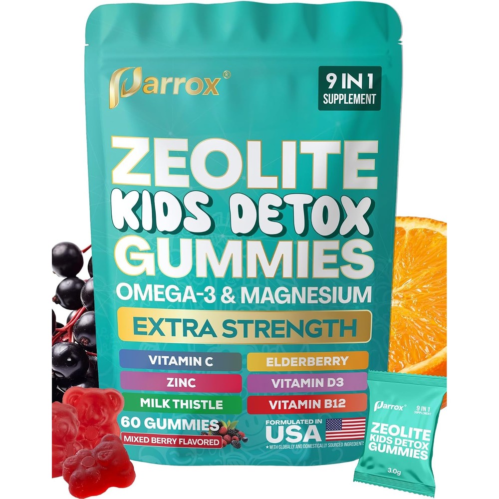 Parrox zeolite kids detox gummies front view bottle packaging