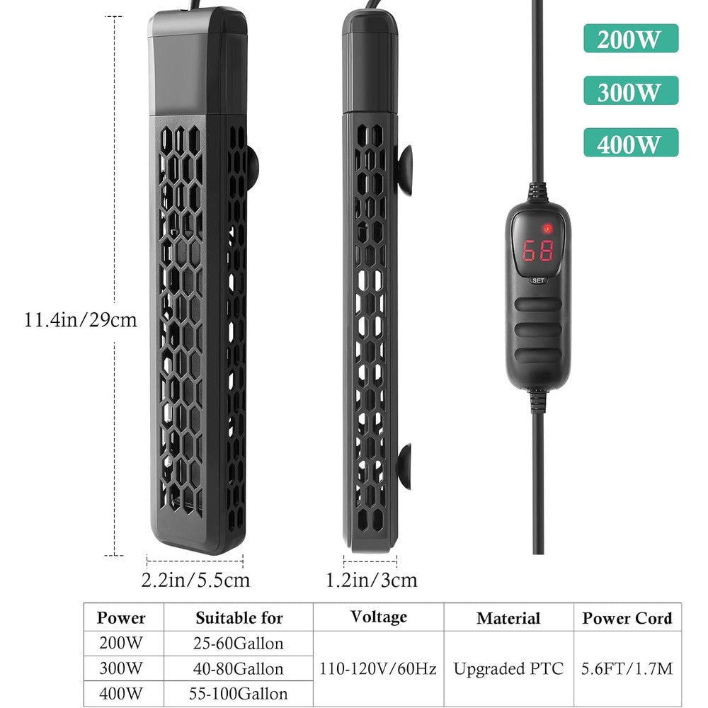 Hitop 200 Watt Aquarium Positive Temperature Coefficient Heater With External Digital Controller For 25 To 60 Gallon Fish And Turtle Tanks