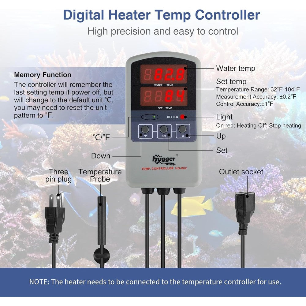 Hygger 500W Titanium Aquarium Heater With External Digital Thermostat Controller For Saltwater And Freshwater Fish Tanks 60 To 120 Gallon