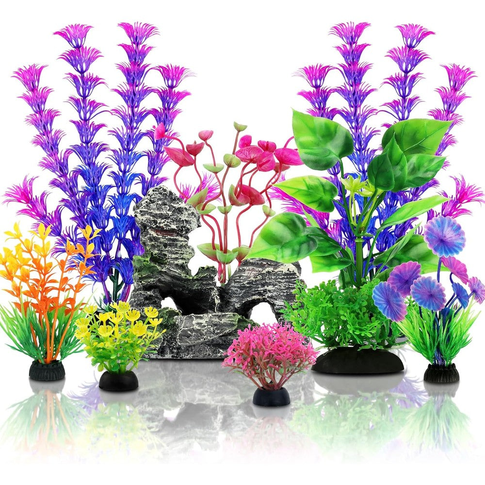 QUOZUO Fish Tank Accessories Aquarium Decorations Plants And Cave Rock Set Nine Pieces Colorful Plastic Artificial Aquatic Plants For Five Gallon T...
