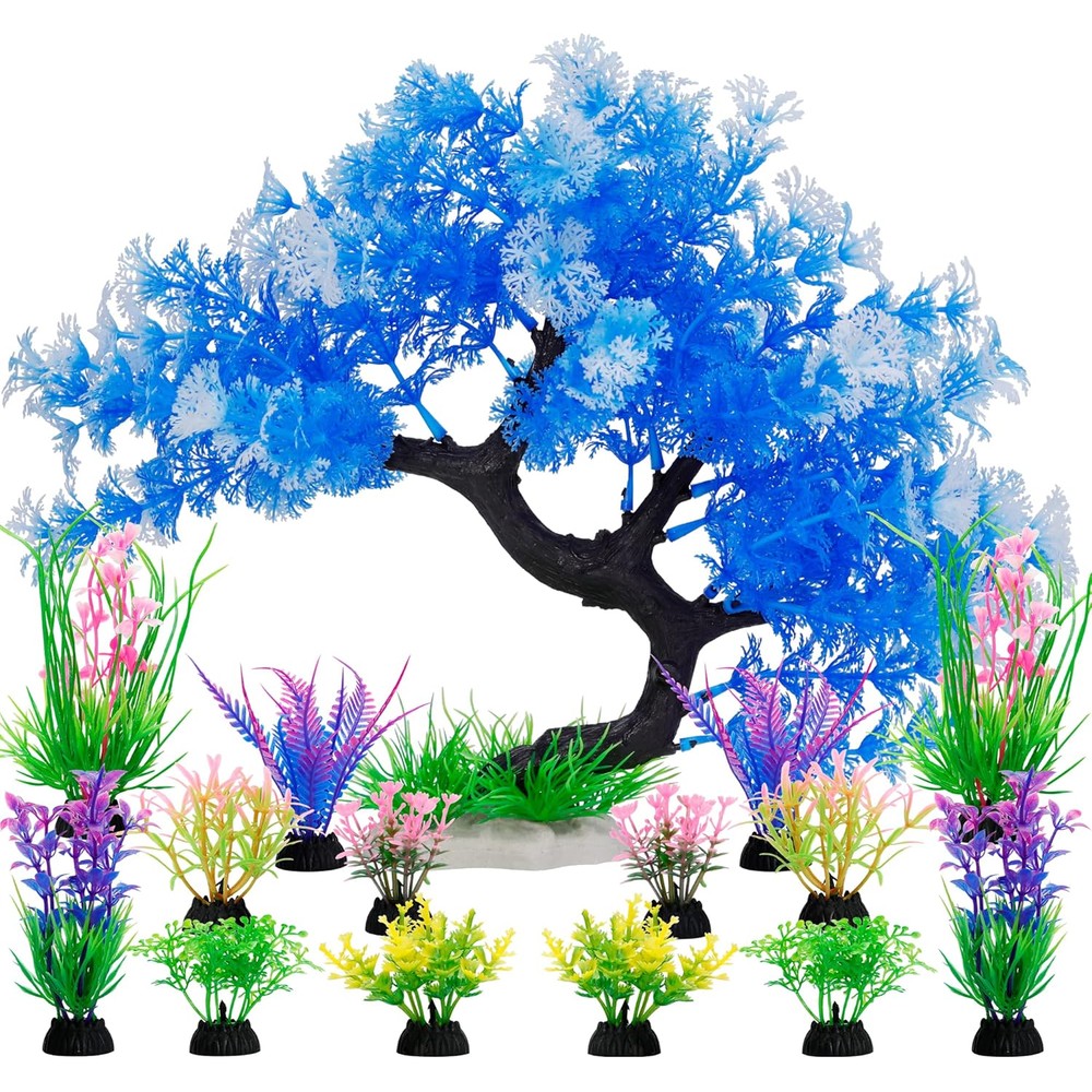 MyLifeUNIT Fish Tank Decorations 15 Pack Artificial Aquarium Plants Tree Set For Fish Tank Decor Blue Set