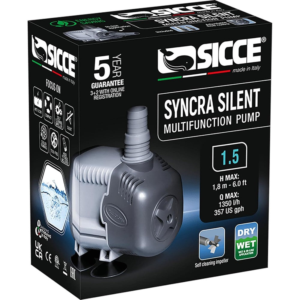 Sicce Syncra Silent 1.5 Multifunction Submersible Water Pump 357 Gallons Per Hour 23 Watts For Fish Tanks And Hydroponics