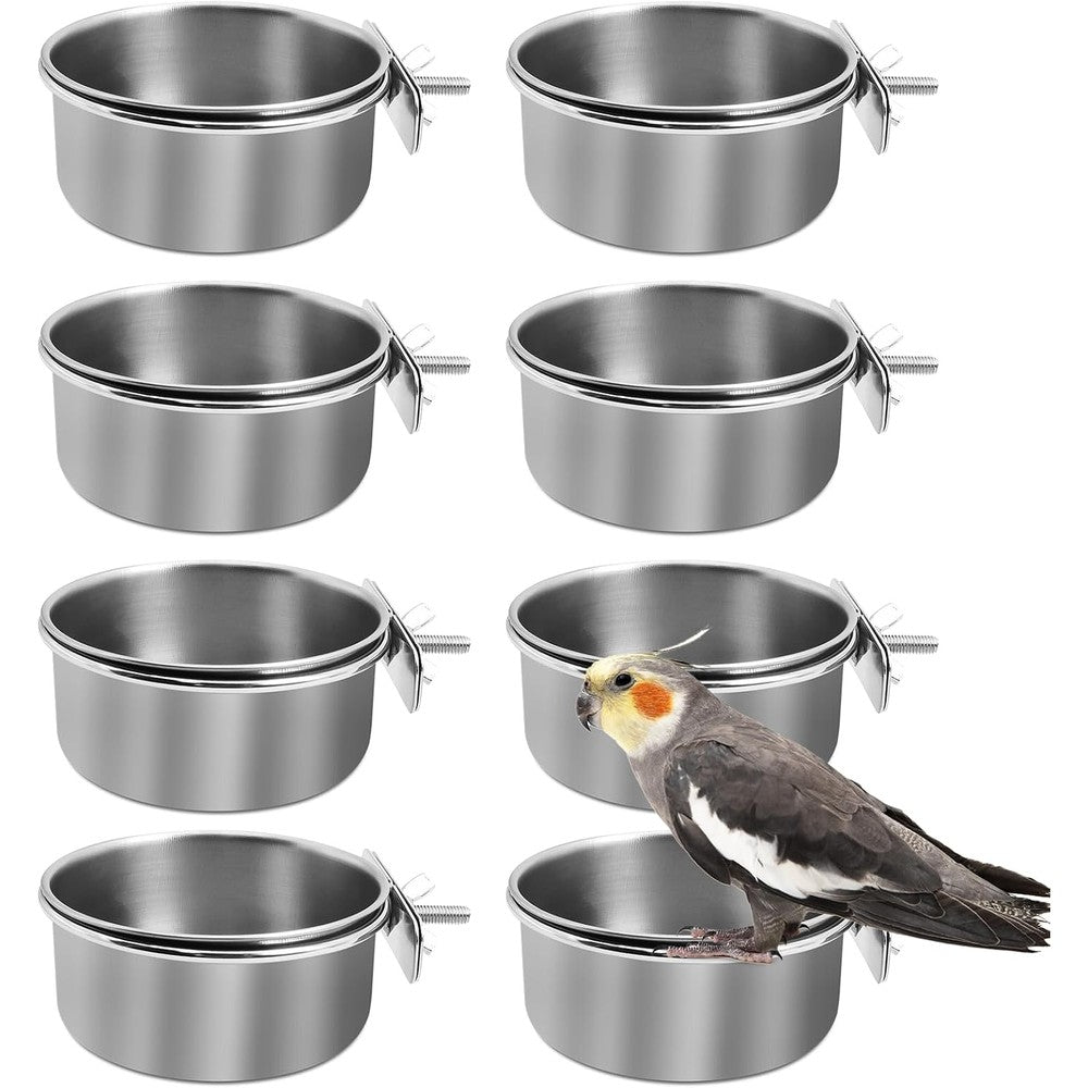 kathson 8 Pack Bird Feeding Dish Cups, Stainless Steel Parrot Feeders Water Cage Bowls with Clamp Holder Bird Feeders for Parakeet Cockatiels Conure Budgies Lovebird Finch and Small Animals