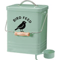Candco bird seed storage container front view. Metal canister.