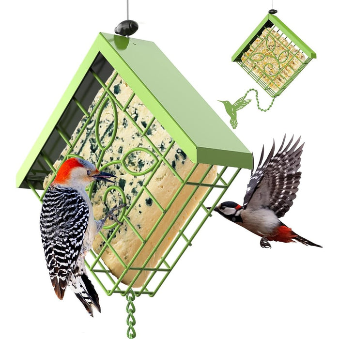 FlowaFoli Suet Bird Feeder for Outside, Metal Suet Feeder for Outside Hanging, Single Suet Cake Capacity, Fruit and Suet Feeder Style for Outside Hanging(Green)