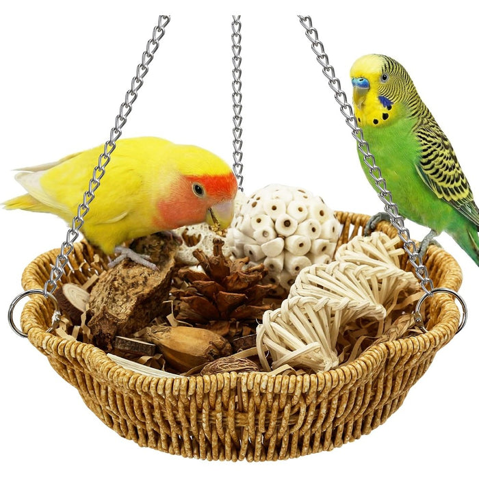 20Pcs Bird Foraging Toy Set with Hanging Basket, Natural Shredding