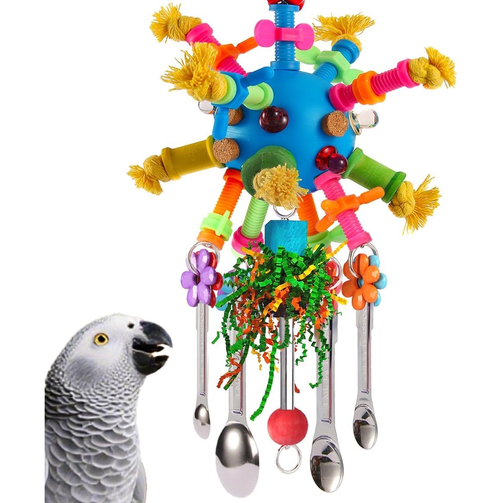 YIXUND parrot toy front view with stainless steel spoons