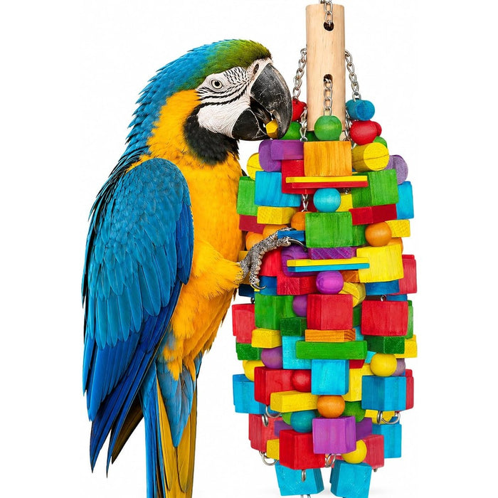 Large Bird Toy, 20 in XL Parrot Toys Natural Wood Blocks Bird Chew Toy for Foraging, Stainless Steel Chain Hanging Cage Toy for Macaws, Cockatoos, African Greys and Large Parrots-1.65 lb