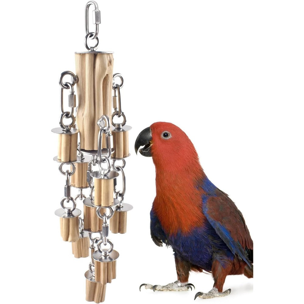 Katumo parrot chew toy front view showing stainless steel and wood