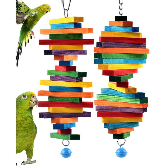 Bissap 2 PCS Bird Chew Toys, Multicolored Bagel Cascade Bird Parrot Chewing Sticks Biting Wooden Blocks Toy for Small Medium Conure Parakeet Cockatiels Lovebird Similar Sized Pet Birds