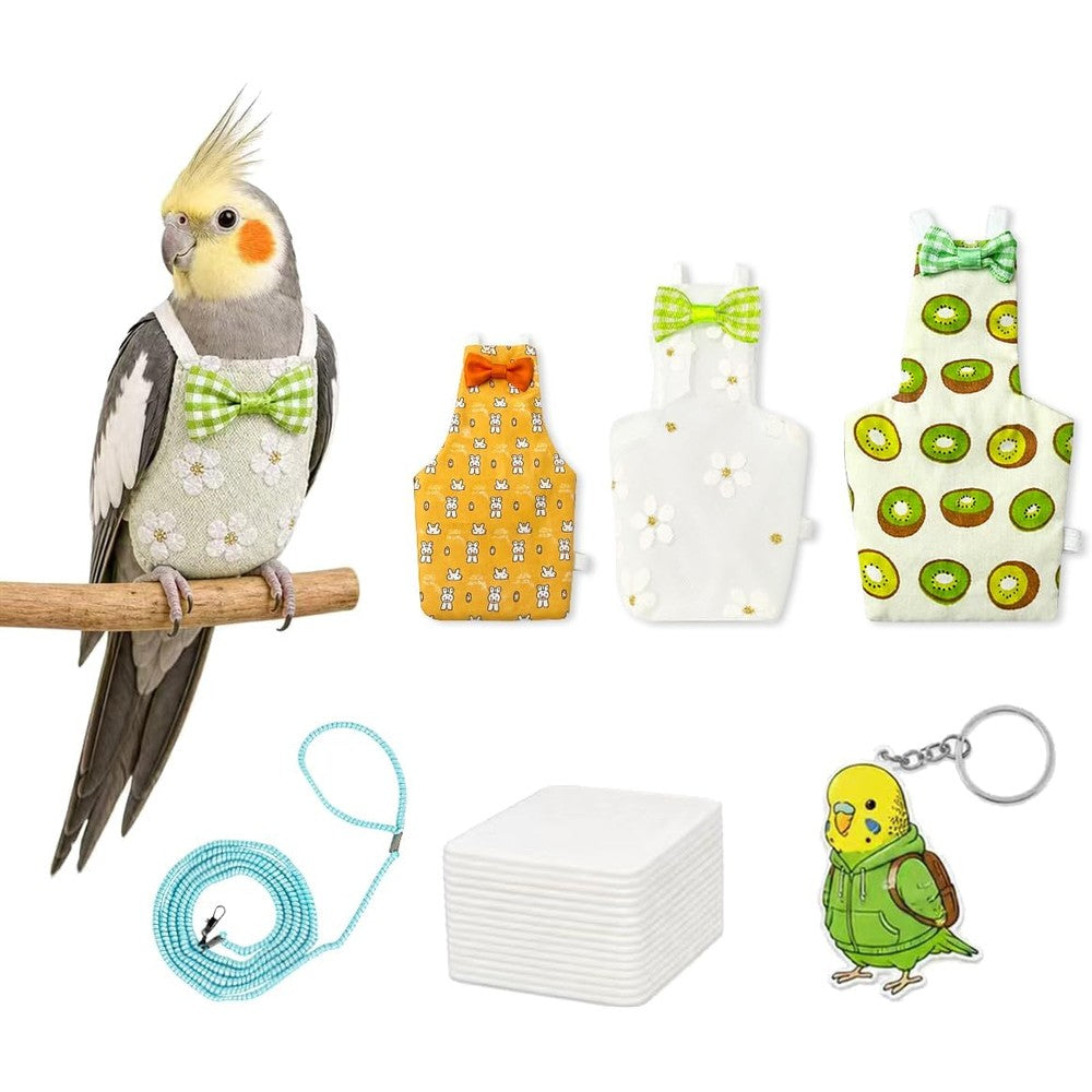 3 Pcs Reusable Bird Diaper Flight Suit with Leash Diaper Pads (Mix)