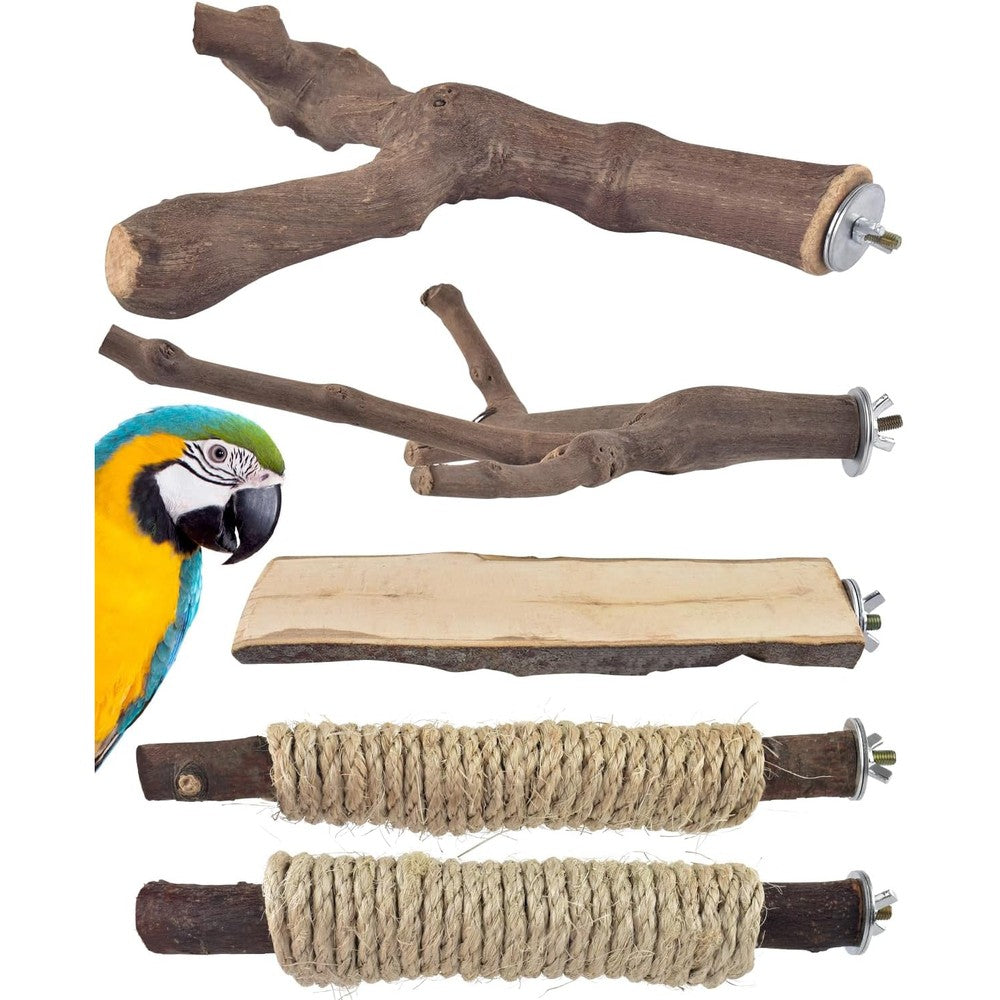 Bissap 5PCS Large Bird Perch Stand, Natural Wood Pole Standing Paw Grinding Fork Parrot Cage Branch with Rope for Macaw African Grey Amazon Pet Medium Large Birds Cage Accessories