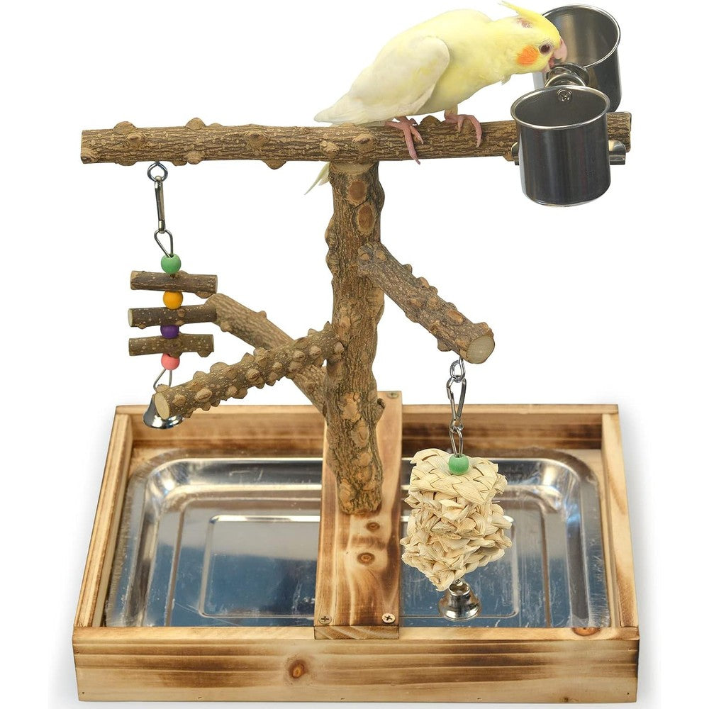 LIMIO Natural Wood Bird Toys Playground, Bird Cage Accessories, Bird Perches, with Removable Tray and 2 Stainless Steel Cups