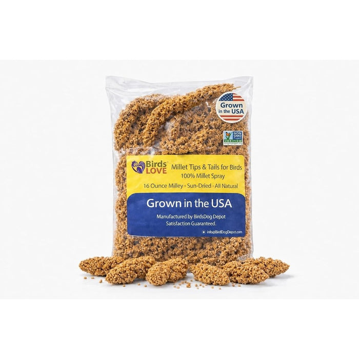 Birds LOVE(R) Millet Tips & Tails for Birds - Premium Spray Millet Treat, Non-GMO, USA Grown - Natural Bird Food for Parakeets, Cockatiels, Budgies, Lovebirds, Finches, Canaries & Parrots - 1 lb