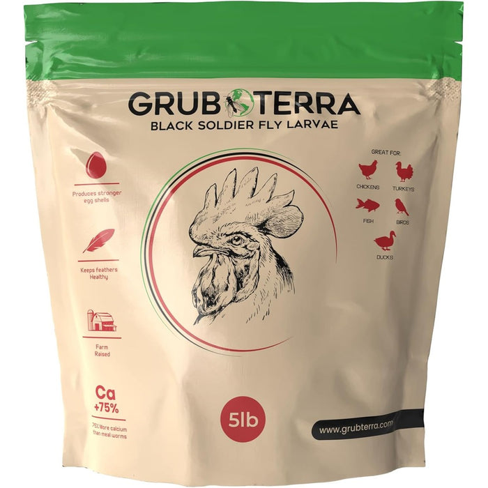GrubTerra Black Soldier Fly Larvae for Chickens - Dried BSFL Poultry Treat, High Protein Calcium Feed Supplement for Laying Hens, Backyard Chickens, Sourced from Mexico, Not from China - 5LB