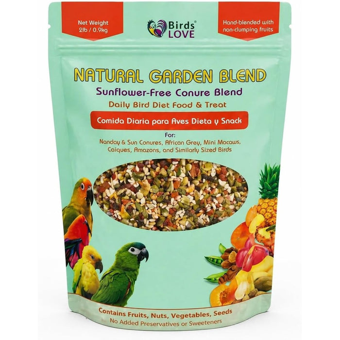 Birds LOVE Natural Garden Blend Conure Food, Sunflower Free Bird Seed Mix with Fruits, Nuts, Vegetables and Seeds, All Natural Daily Diet and Treat, 2 lb
