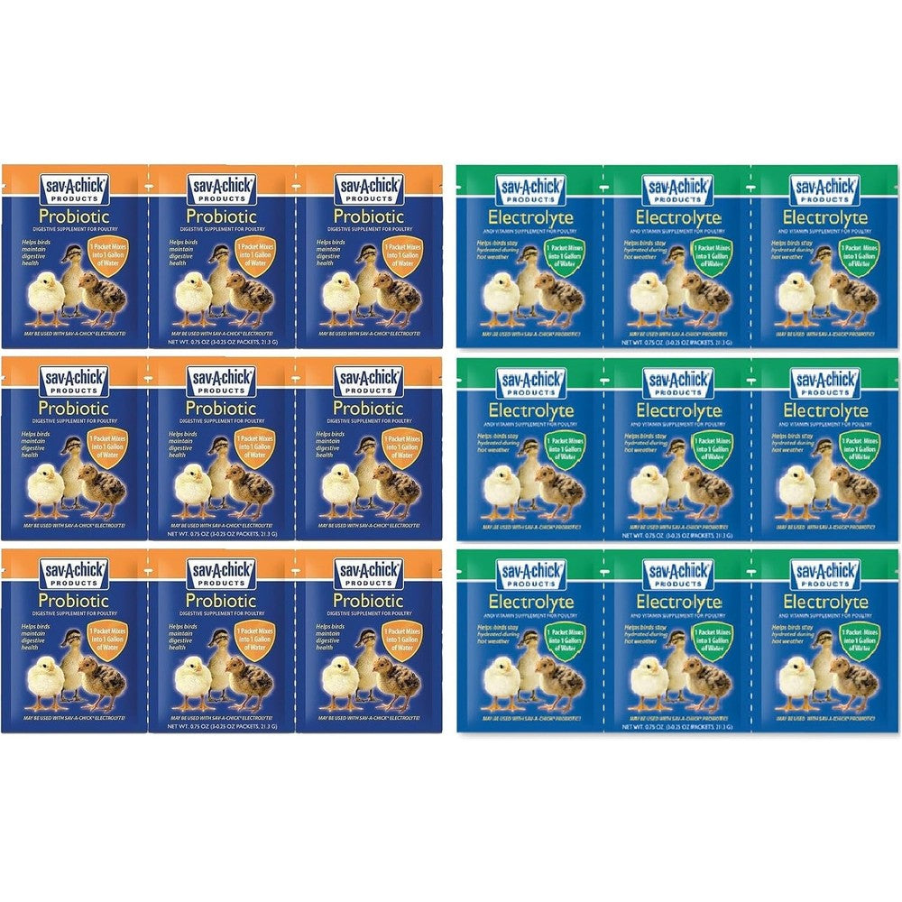 18 Piece Bundle - 9 Packets of Sav-A-Chick Electrolyte and Vitamin Plus 9 Packets of Sav-A-Chick Probiotic