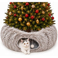 Fluffy Cat Tunnel Bed Under Christmas Tree, Plush Warm Brown