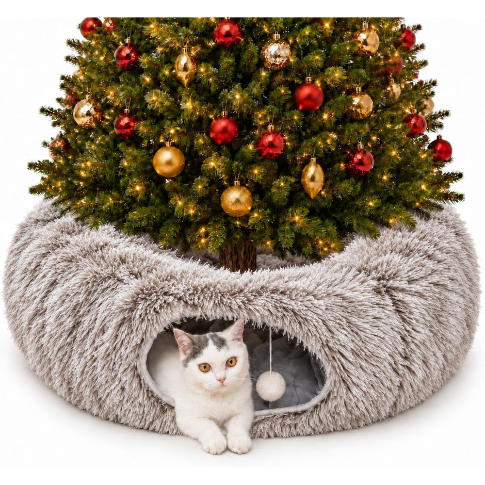 Fluffy Cat Tunnel Bed Under Christmas Tree, Plush Warm Brown