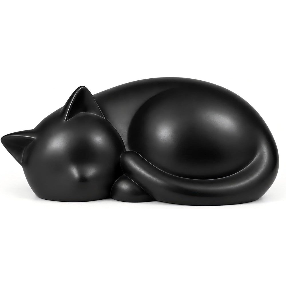 Sleeping Cat Pet Memorial Urn, Black Ceramic Keepsake for Cat Ashes