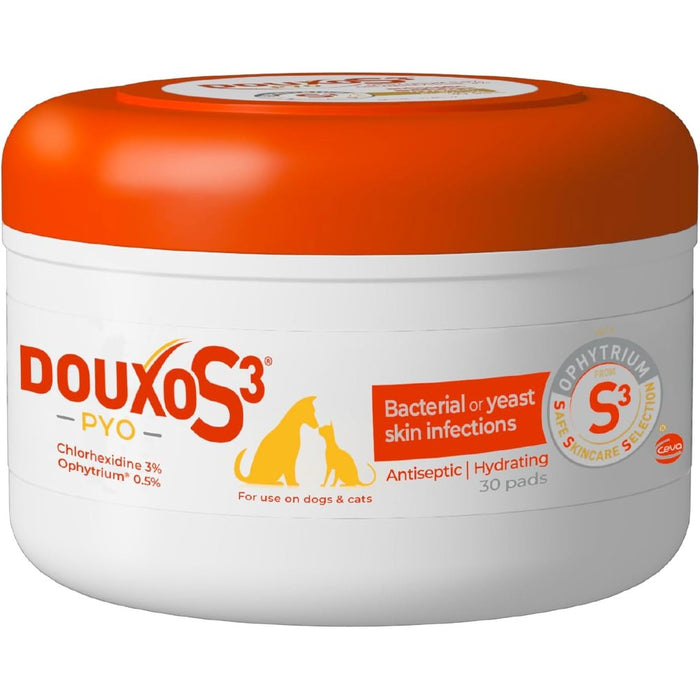Douxo S3 PYO Pads, 3% Chlorhexidine Wipes for Dogs and Cats, 30 Pads