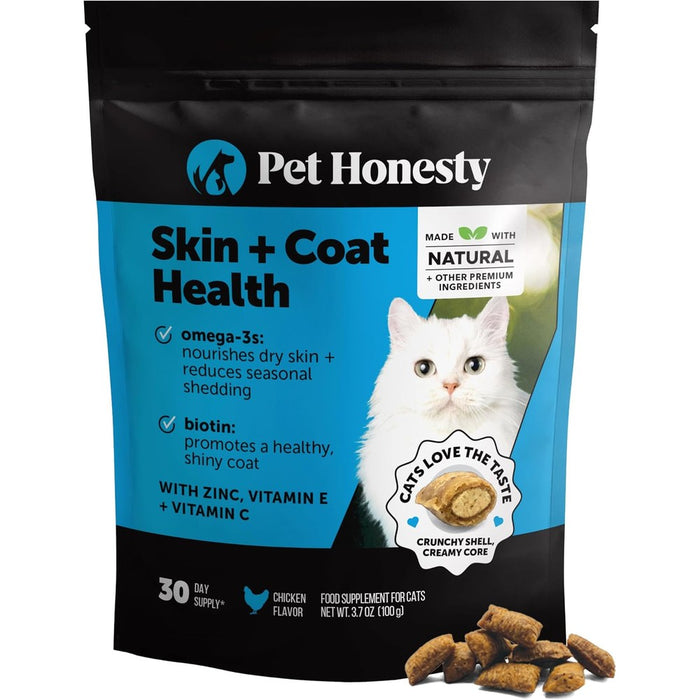 Cat Skin & Coat Supplement Crunchy Creamy Chews - Salmon Oil for Cats Omega 3 Itchy Dry Skin Relief - Feline Shedding Control - Biotin Vitamins for Indoor Cats Shiny Soft Coat (30-Day Supply)