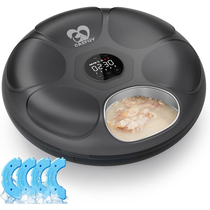 Casfuy Automatic Cat Feeder Cordless - Automatic Cat Food Dispenser with Stainless Steel Tray for Wet Food Rechargeable Auto Feeder for Cats Small Dogs with Programmable Timer Low Battery Indicator