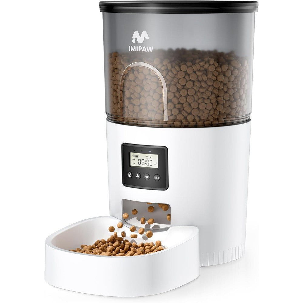 IMIPAW Automatic Cat Feeders, Timed Cat Dry Food Dispenser with Desiccant Bag, Dual Power Supply, Programmable Portion Size, 6 Meals, 20 Portions Per Day, Auto Pet Feeder for Cats and Small Dog, White