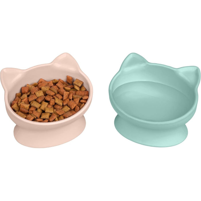 Kitty City Elevated Cat Bowls (Set of 2), Whisker-Friendly Raised Cat Food & Water Dishes, Modern Pedestal Design, Dishwasher Safe, 6.5 oz Each - Pink & Teal