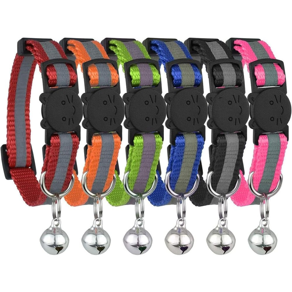 Reflective Cat Collar with Bell, Set of 6, Solid & Safe Collars for Cats, Nylon, Mixed Colors, Pet Collar, Breakaway Cat Collar