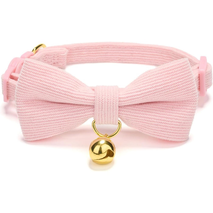 Breakaway Cat Collar with Bow Tie and Bell Adjustable Soft Corduroy Pink Kitten Collars for Girl Cats
