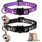 Baeuppit 2PCS Breakaway Cat Collars with Bell Moons Stars Cute Kitty Adjustable Safe Kitten Collars with Pendant Glow in The Dark(Black&Purple)