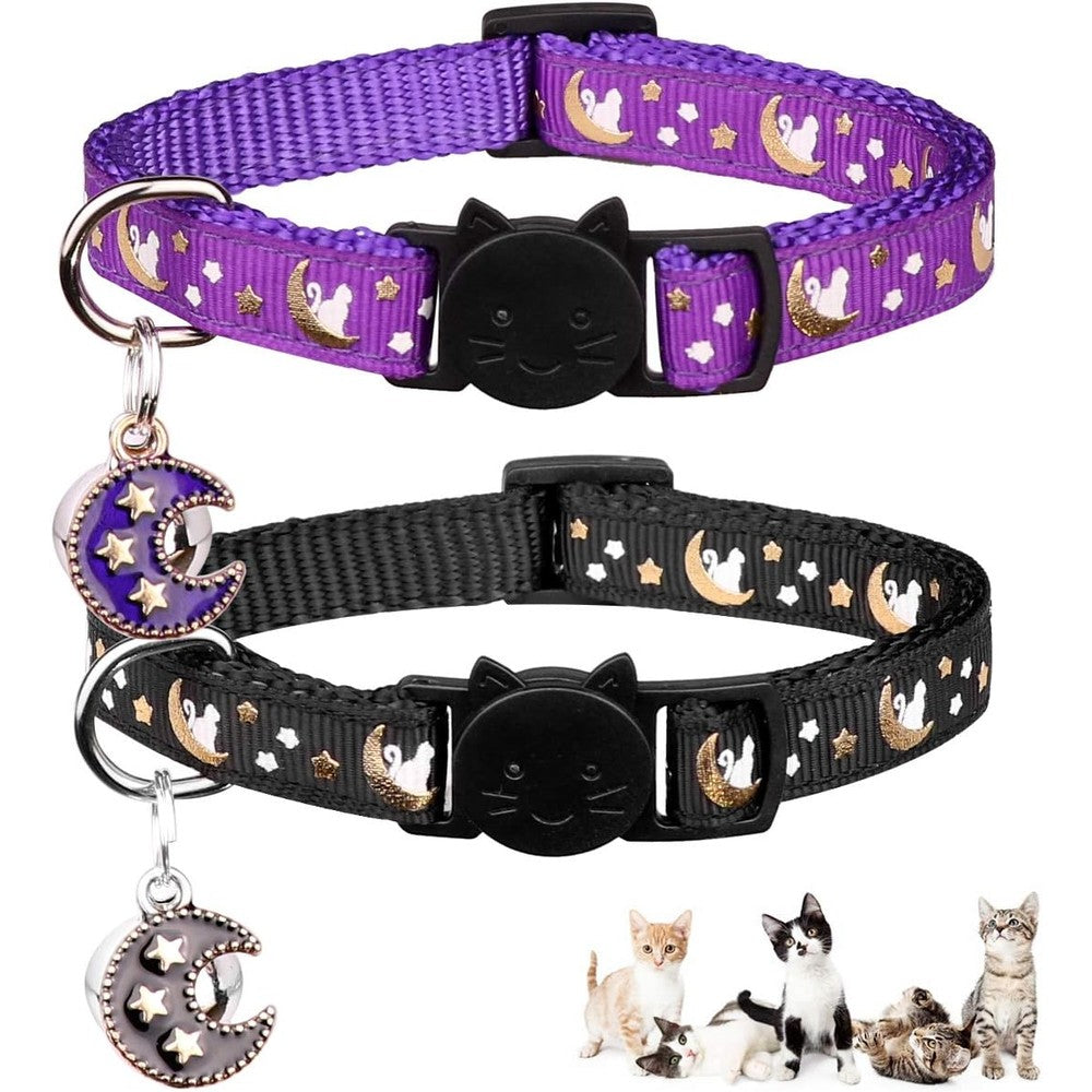 2Pcs Breakaway Cats Collars Cat Collars for Boy & Girl Cats Moons Adjustable Kitten Collars with Bell & Pendant Glow in The Dark,Purple+Black