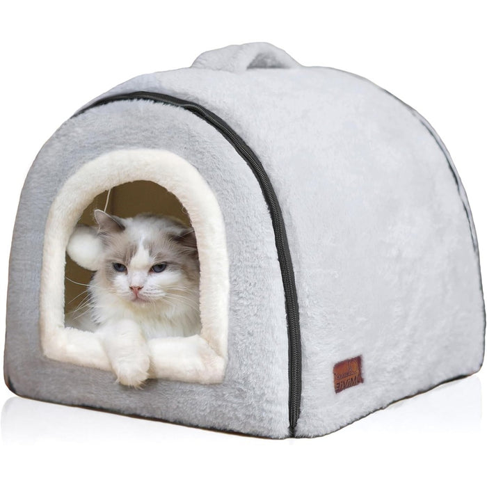 Cat Bed for Indoor CatsFoldable cat caveAnti-Slip & Water-Resistant Bottomcat Houses for Indoor Cats or Small Dogs, Kitten Tent, Rabbit Bed2 in 1 pet Bed (Grey)