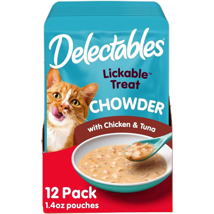 Delectables Lickable Treat Chowder Wet Cat Treat with Real Tuna & Chicken, Food Topper, Hydrating, Grain-Free, No Fillers, By-Products, Added Preservatives, 1.4oz Pouch, 12ct