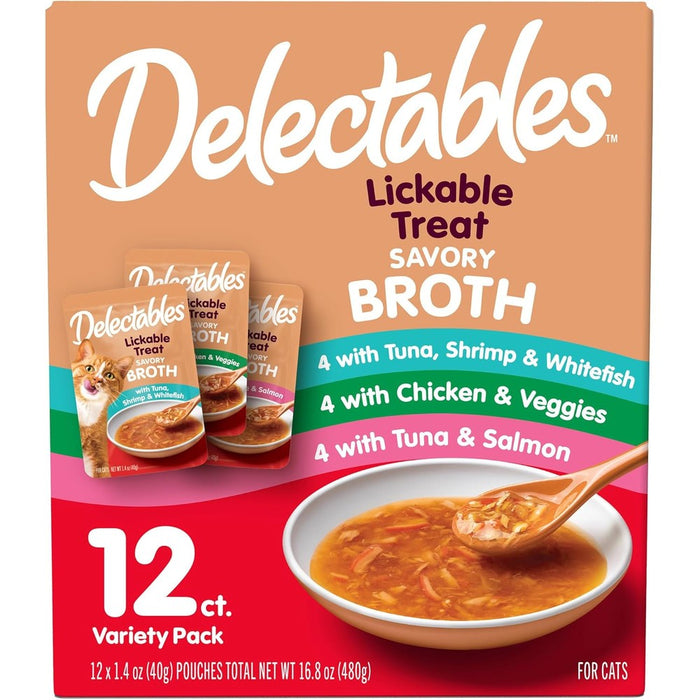 Delectables Lickable Treat Savory Broth Wet Cat Treat Variety Pack, Food Toppe, Hydrating, Grain-Free, No Fillers, No By-Products, No Added Preservatives, 1.4oz Pouch, 12ct