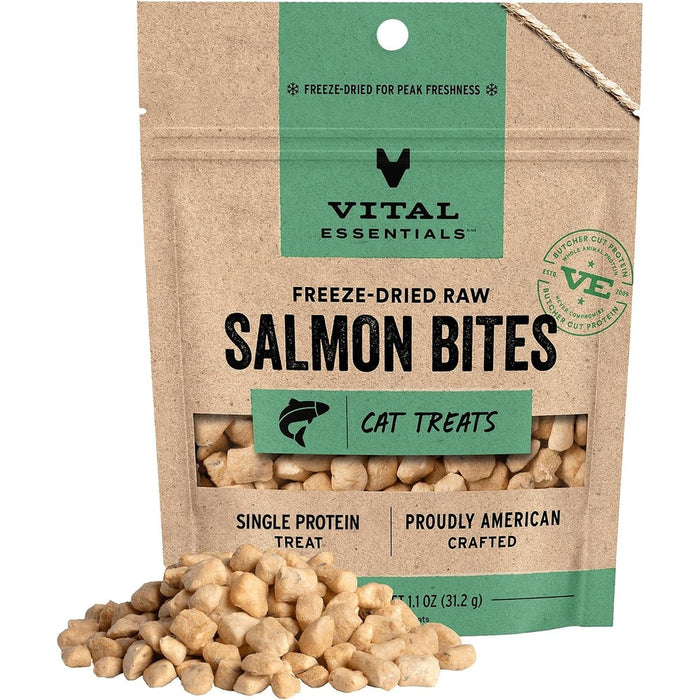 Vital Essentials Freeze Dried Cat Treats, Salmon Bites, 1.1 oz Bag