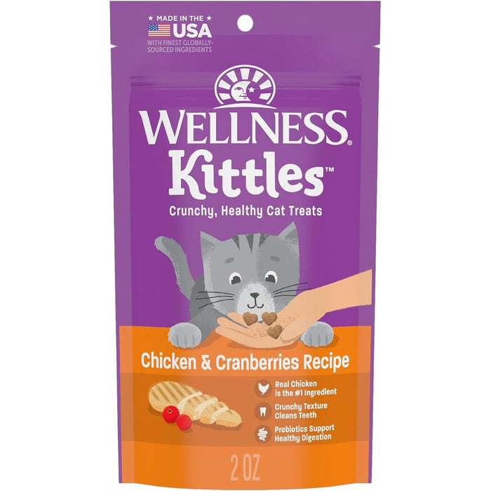 Wellness Kittles Crunchy Cat Treats, All Lifestages, Kitten to Senior, Natural, Grain Free, Chicken and Cranberry Flavor, 2 oz Bag