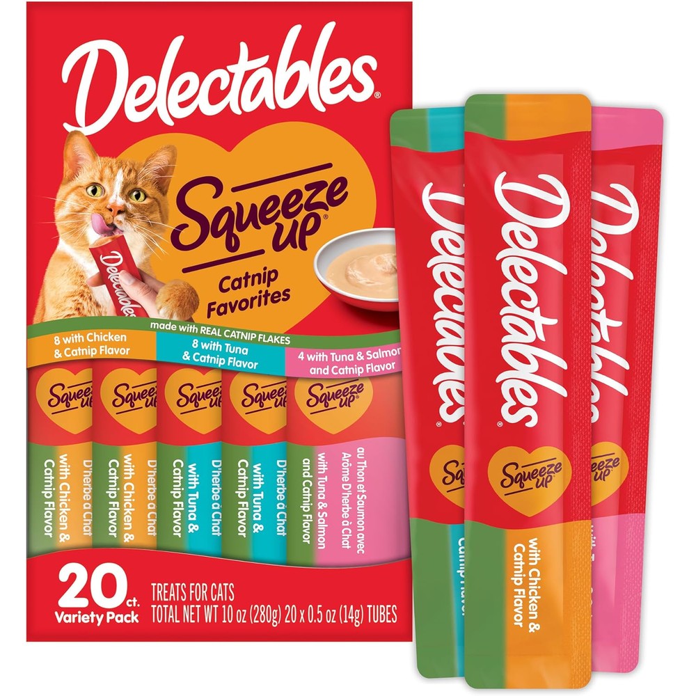 Delectables Squeeze Up Catnip Variety Pack, Creamy Squeezable Puree, Lickable Wet Cat Treats, Grain Free, No Added Fillers, No by-Products, No Added Preservatives, 0.5 Ounces Tube, 20 Tubes Total