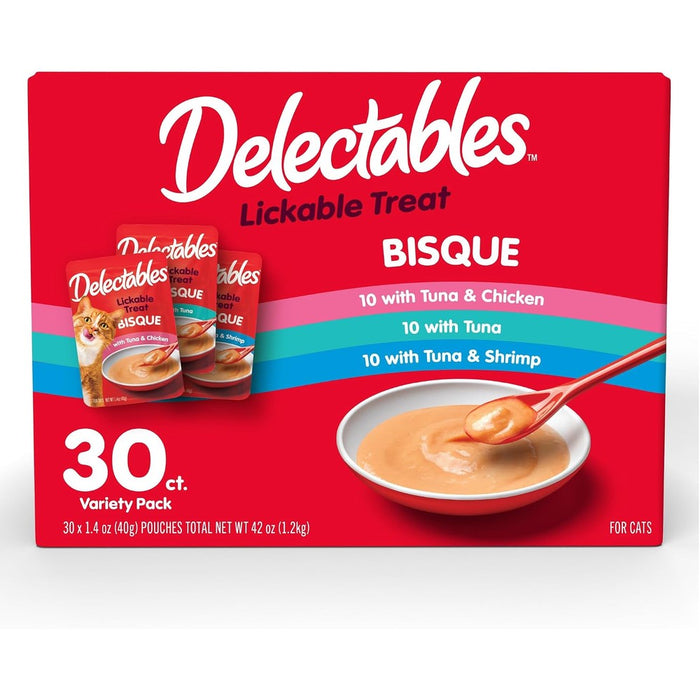 Delectables Lickable Treat Bisque Wet Cat Treat Variety Pack, Food Topper, Hydrating, Grain-Free, No Fillers, No By-Products, No Added Preservatives, 1.4oz Pouch, 30ct