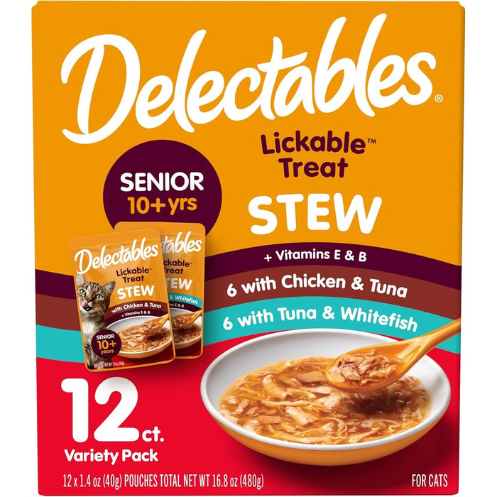 Delectables Lickable Treat Stew Senior 10+ Wet Cat Treat with Real Chicken, Food Topper, Hydrating, Grain-Free, No Fillers, No By-Products, No Added Preservatives, 1.4oz Pouch, 12ct