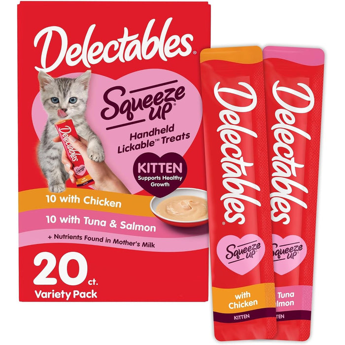 Delectables Squeeze Up Kitten Variety Pack, Creamy Squeezable Puree, Lickable Wet Cat Treats, Grain Free, No Added Fillers, No by-Products, No Added Preservatives, 0.5 Ounces Tube, 20 Tubes Total