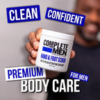Complete For Men hand and foot scrub container next to natural ingredients