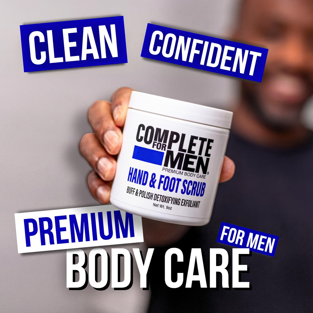 Complete For Men hand and foot scrub container next to natural ingredients