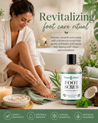 PhysAssist Foot Scrub displayed with natural tea tree leaves